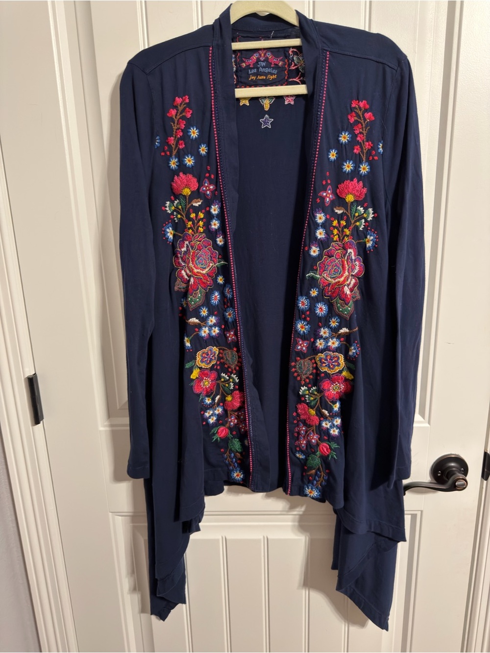 Johnny Was Navy Open Cardigan w/Embroidery & Waterfall Hem. Women's Size L